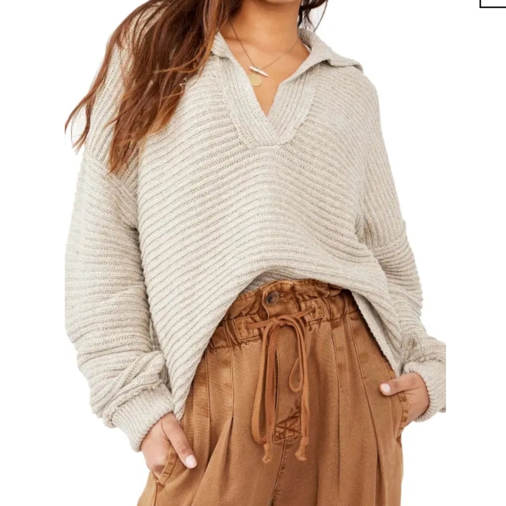 Free People Cream Ribbed V-Neck Collar Sweater